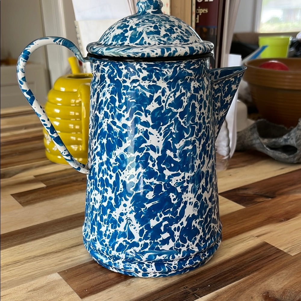 Blue and White Enamel Coffee Pot